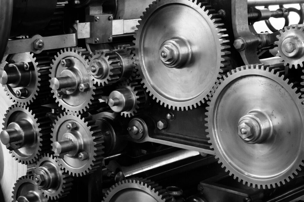 Multiple silver gears working in a mechanism