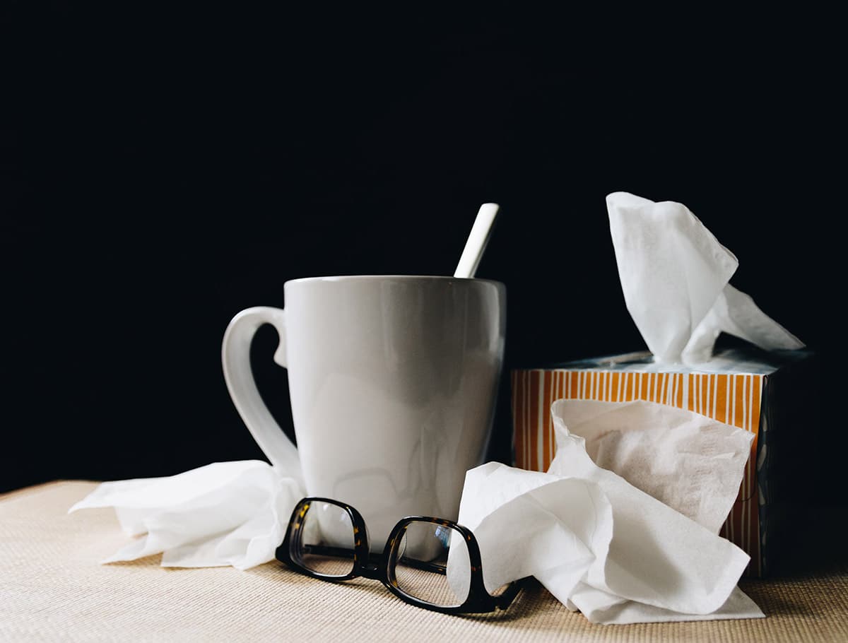 Tea, glasses, and tissues