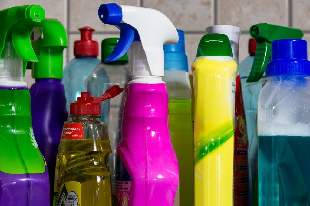 Colorful cleaning bottles