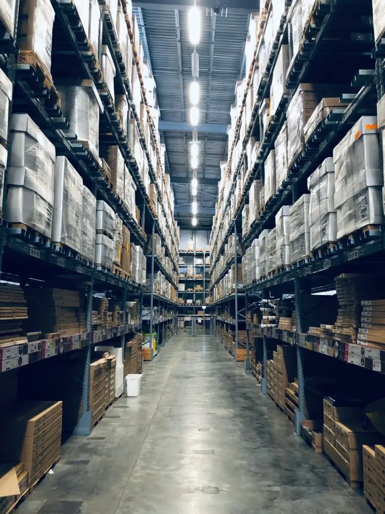 Looking down the aisle in a warehouse
